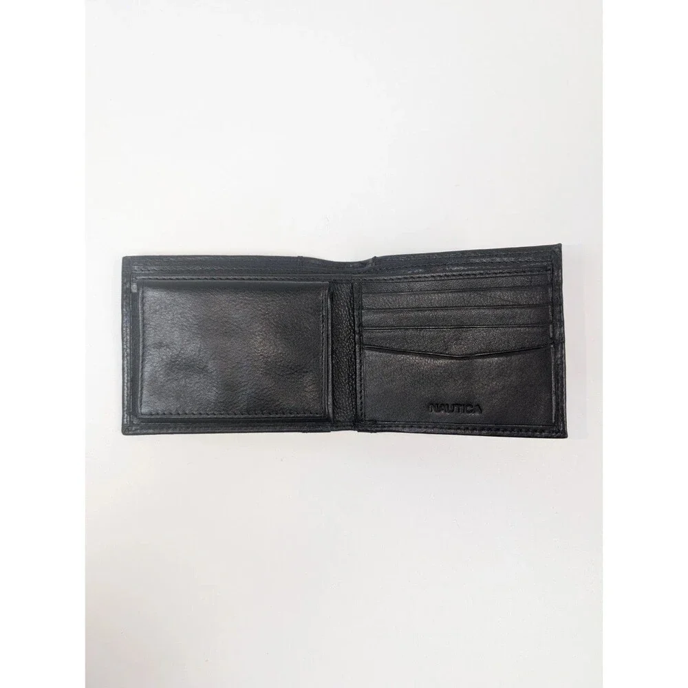 Nautica Black Leather Wallet Bifold ID Window Card Holder Mens
